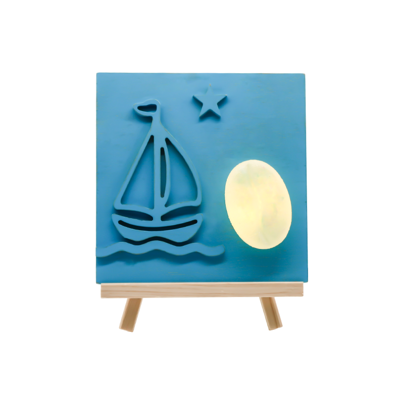 Ozeanfarbene Segelboot-Bambus-Holzlampe – Sail Shadow Baking