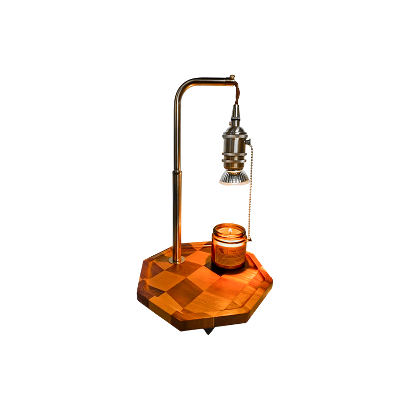 Retro-Kerzenwärmerlampe mit Messing und Holz – vergoldete Morgendämmerung